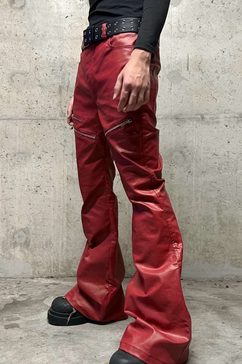 Liquid Metal Red Coated Flare Denim