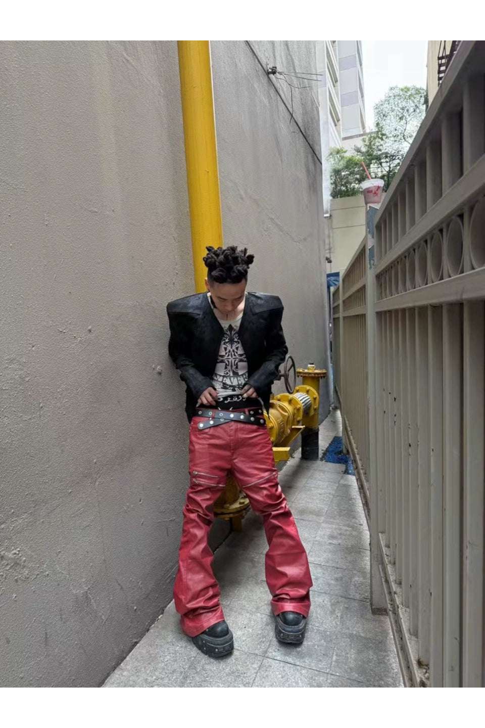 Liquid Metal Red Coated Flare Denim