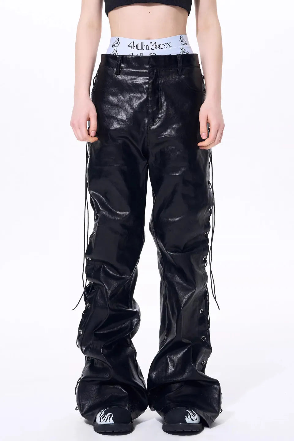 FOURTH3EX | Metallic Coated Lace Up Flare Jeans