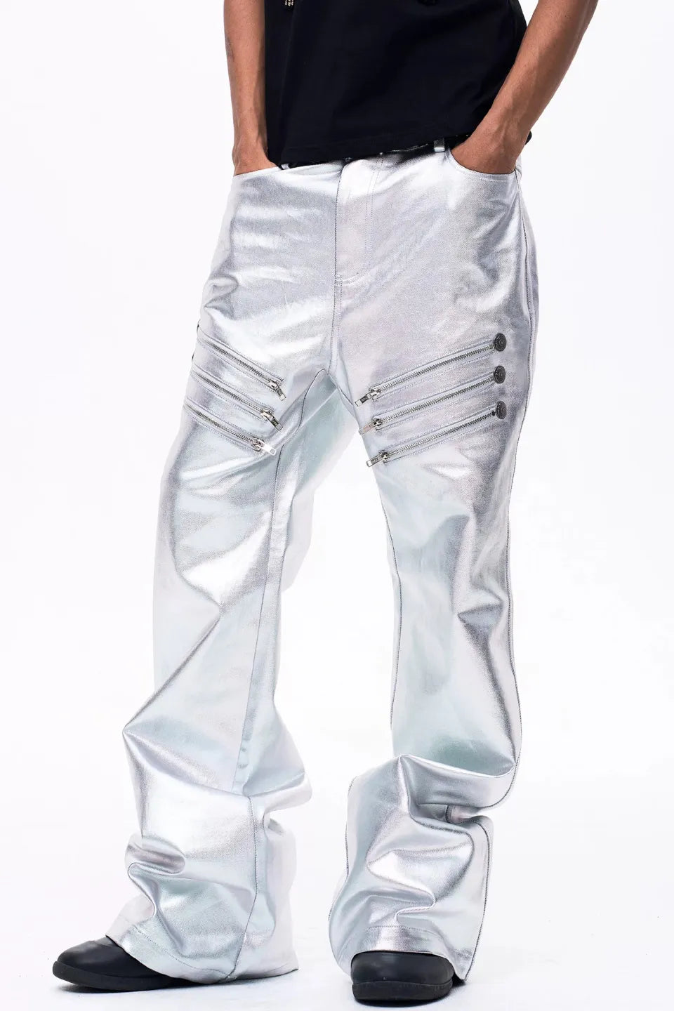 Metallic Silver Flared Trousers