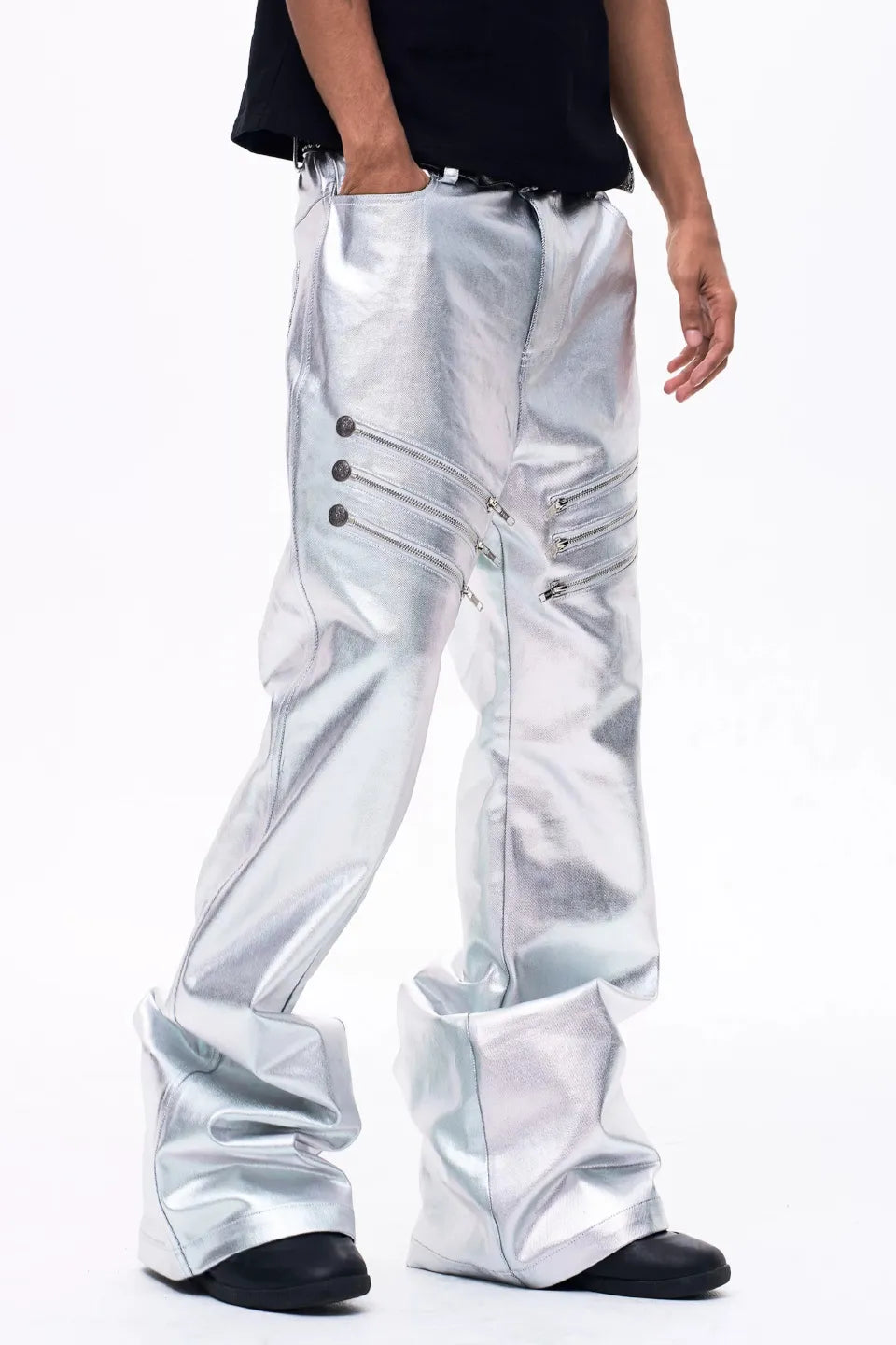 FOURTH3EX | Metallic Silver Flared Trousers シルバーフレア