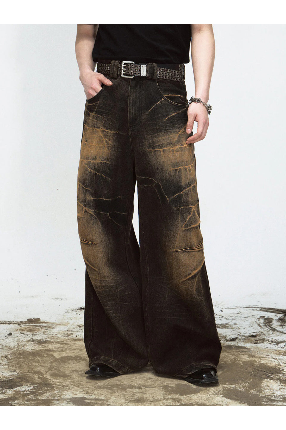 Mud Dyed Lightning Cracked Wide Leg Jeans
