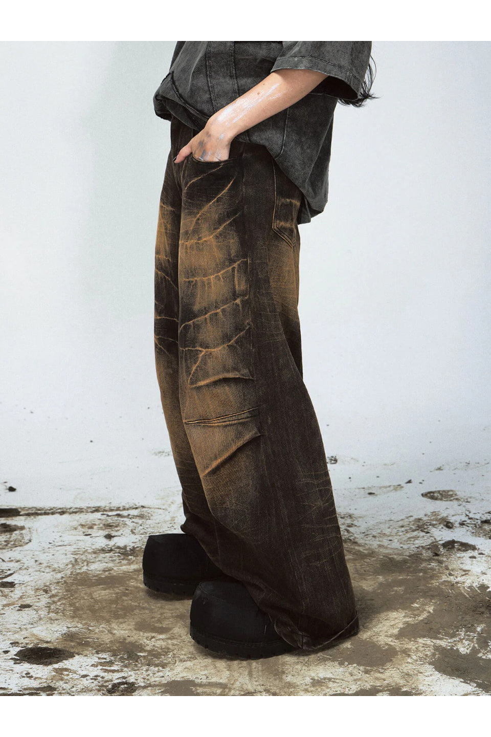 Mud Dyed Lightning Cracked Wide Leg Jeans
