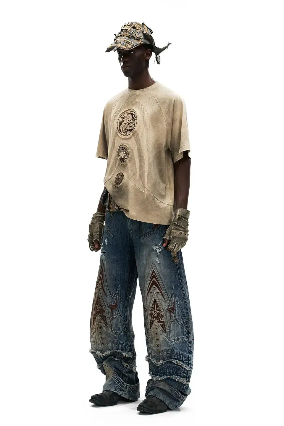 Mythical Beast Face Curved Denim Jeans