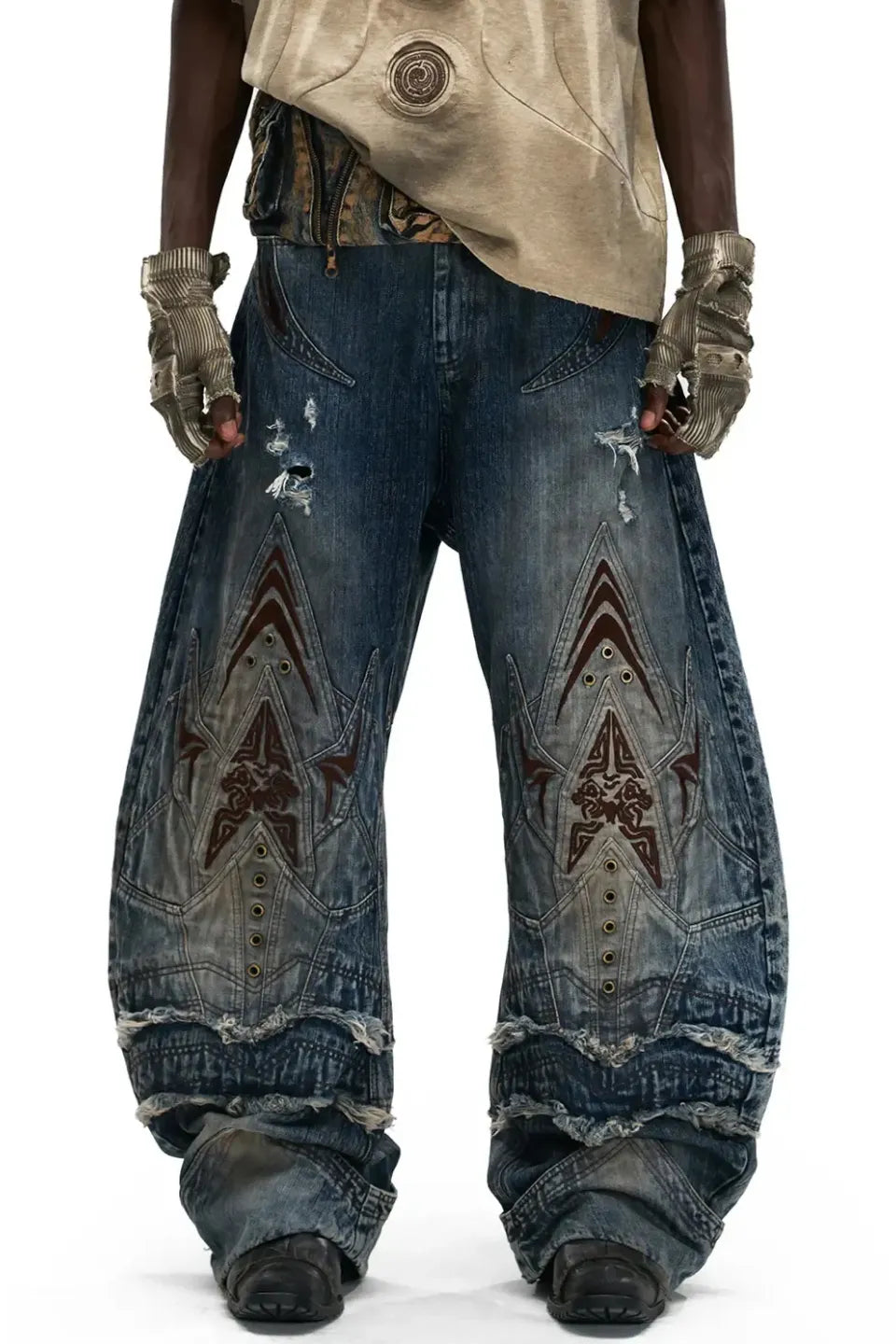 Mythical Beast Face Curved Denim Jeans