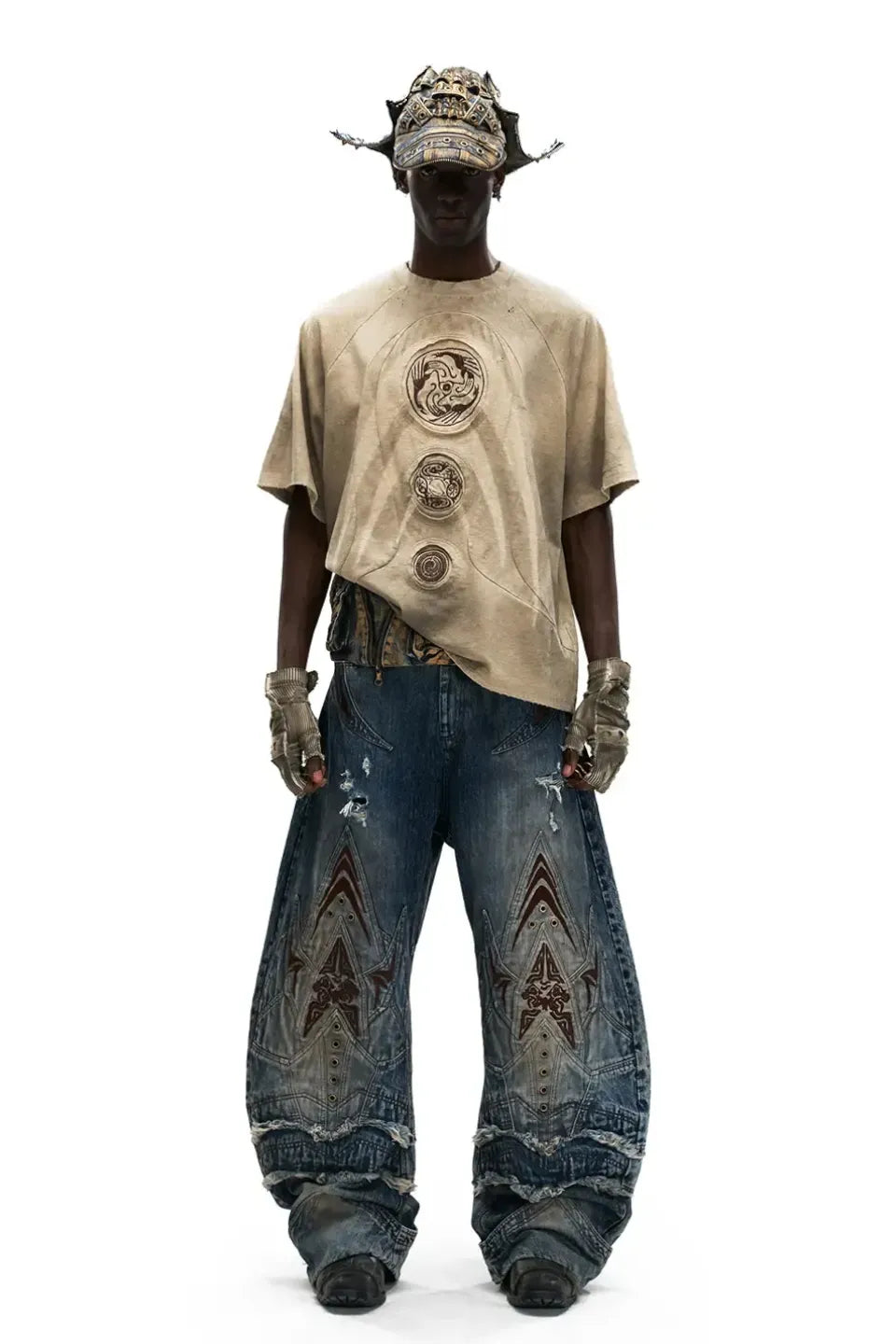 Mythical Beast Face Curved Denim Jeans