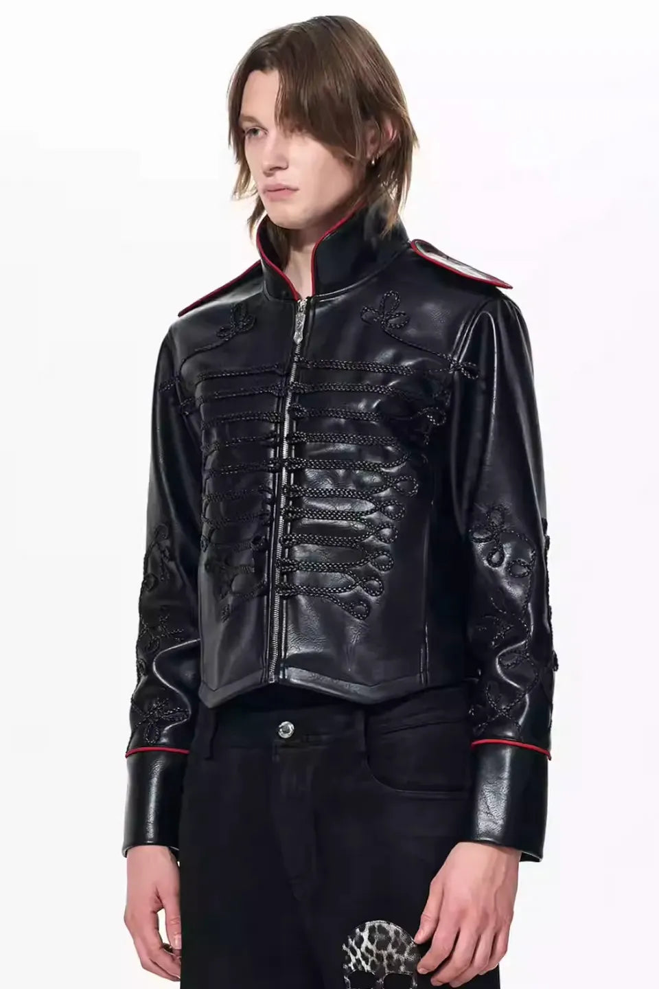 Napoleon Cording Embroidered PU Leather Jacket