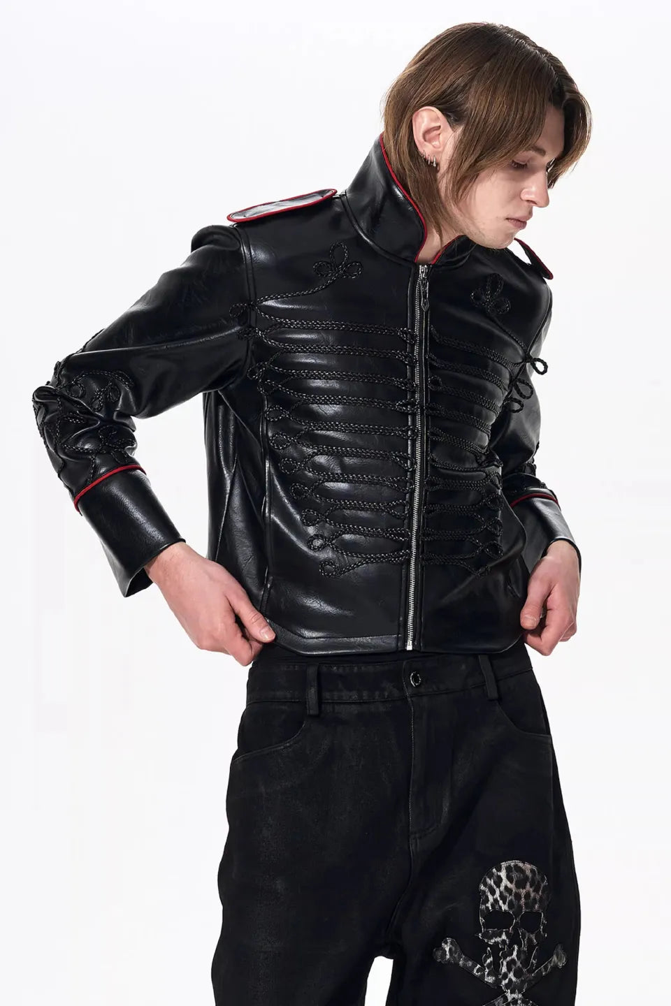 Napoleon Cording Embroidered PU Leather Jacket