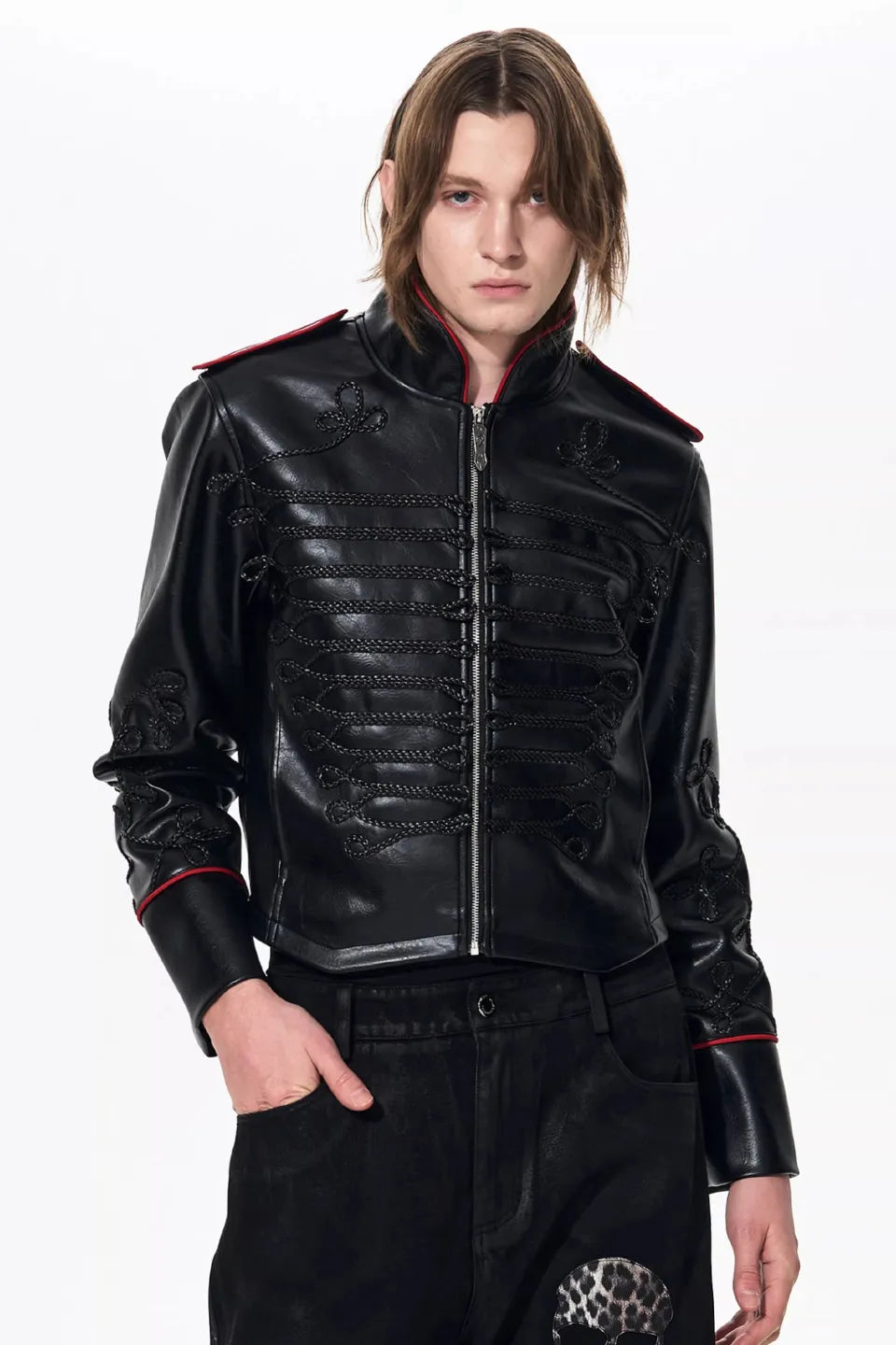Napoleon Cording Embroidered PU Leather Jacket