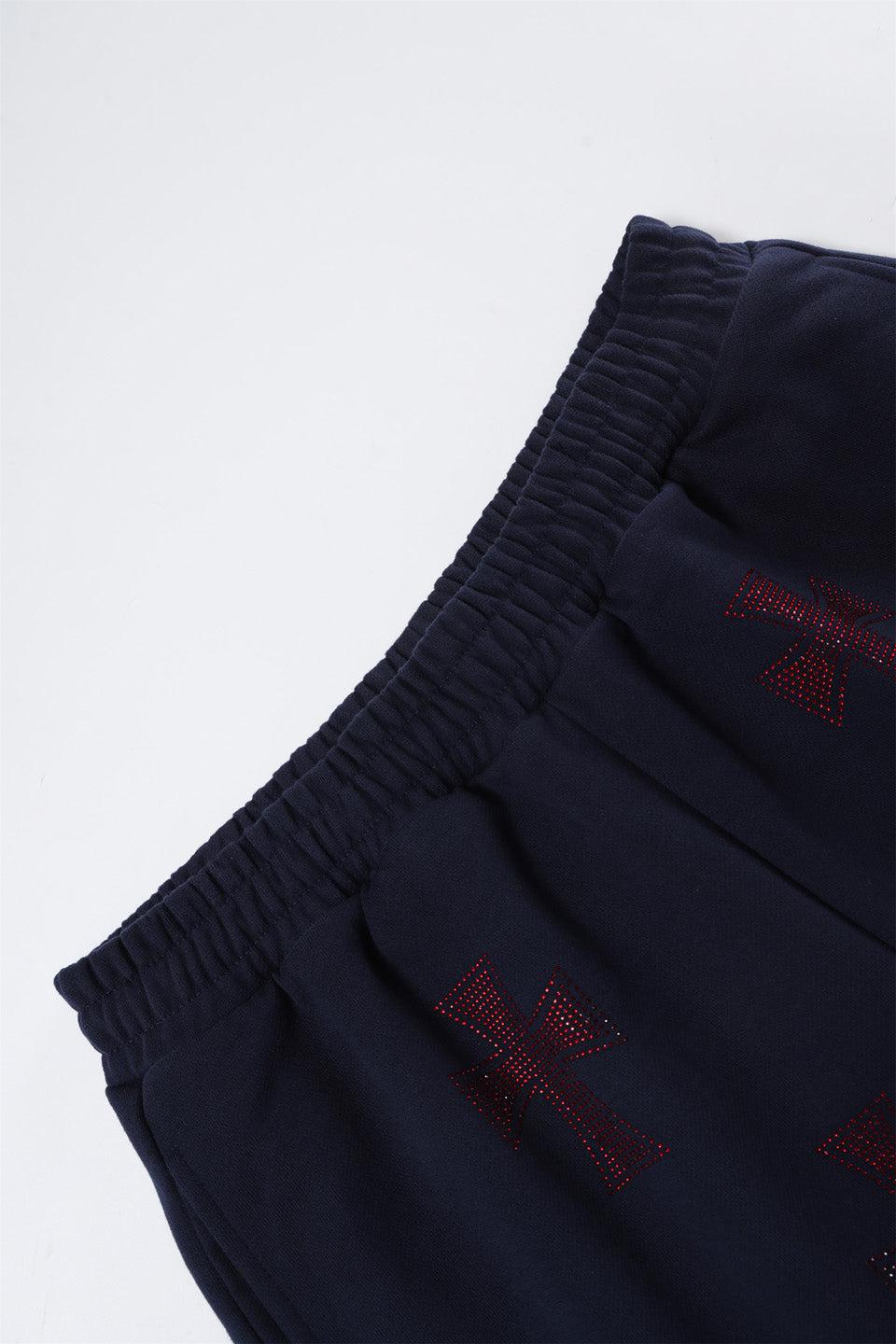 Navy with Red Cross Rhinestone Shorts