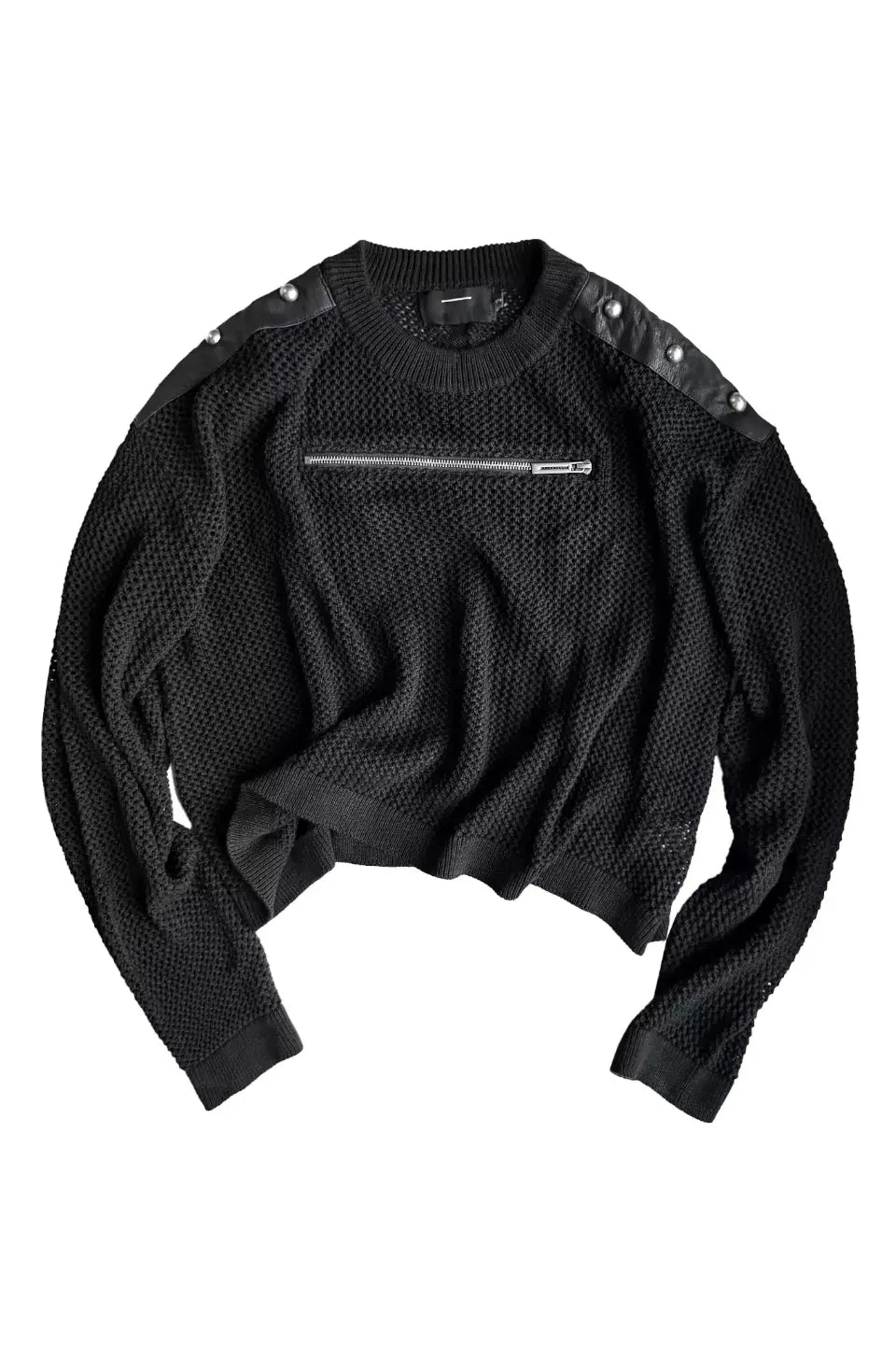 Open Knit Leather Patchwork Metal Zip Sweater