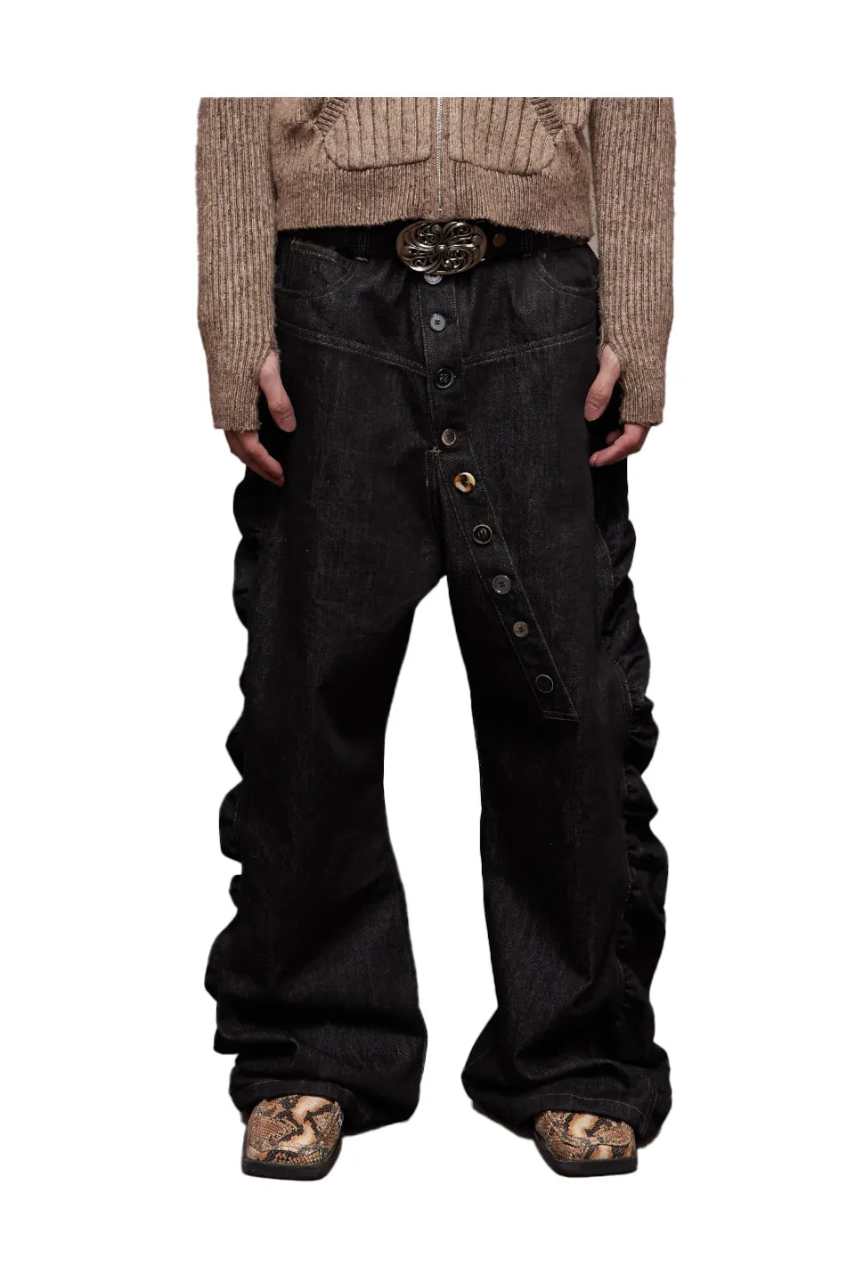 Petal Shaped Long Button Baggy Curved Denim