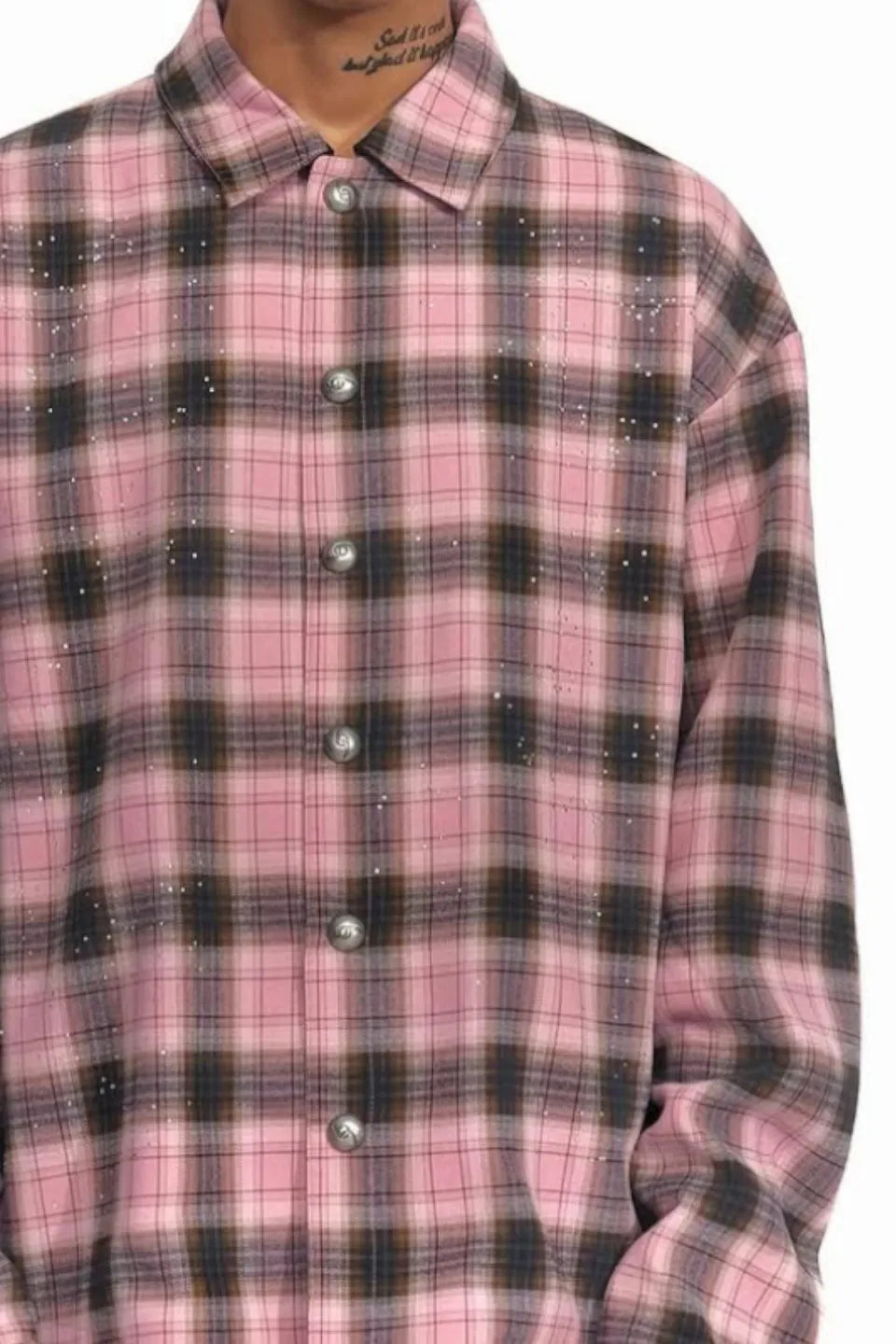 Pink Tartan Flamingo Graphic Rhinestone Flannel Shirt