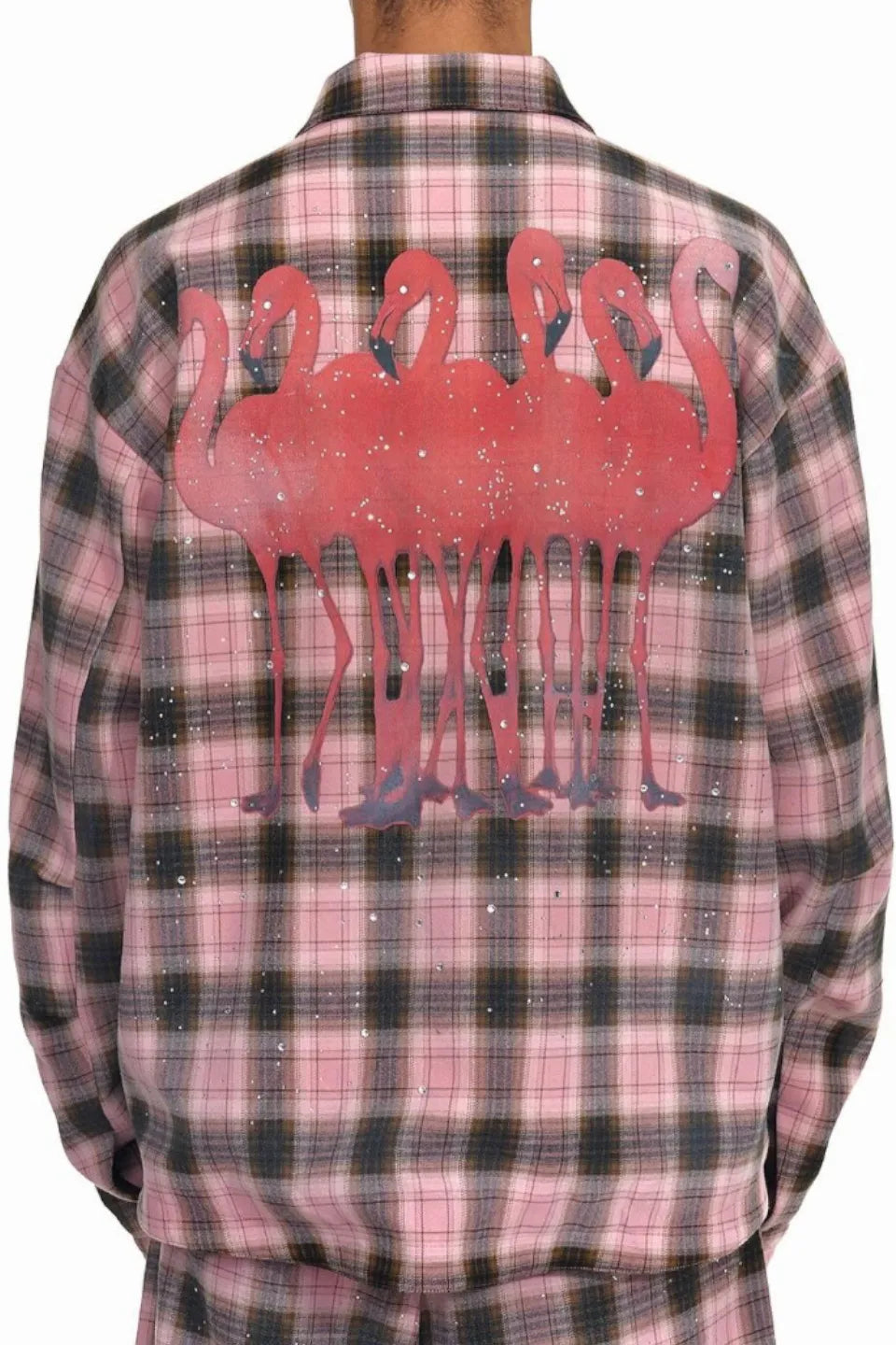 Pink Tartan Flamingo Graphic Rhinestone Flannel Shirt
