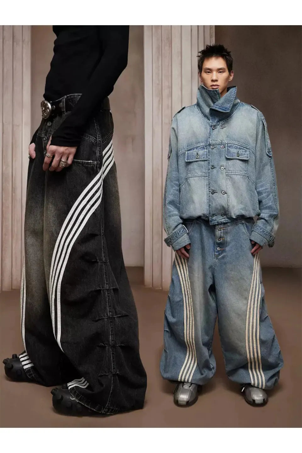 Pleated White Striped Trousers