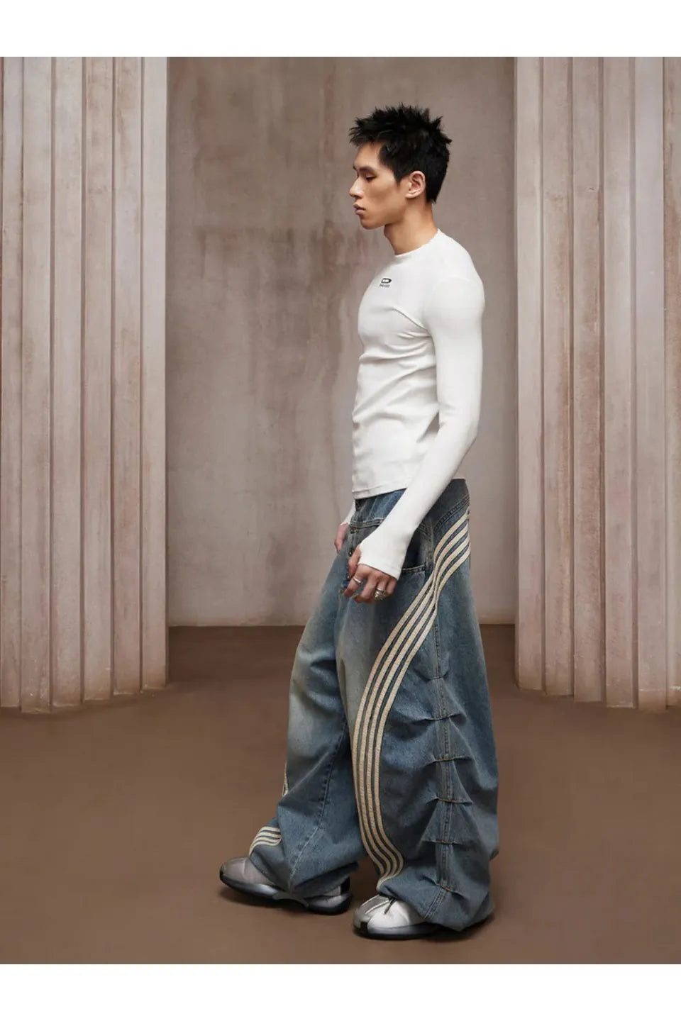 Pleated White Striped Trousers