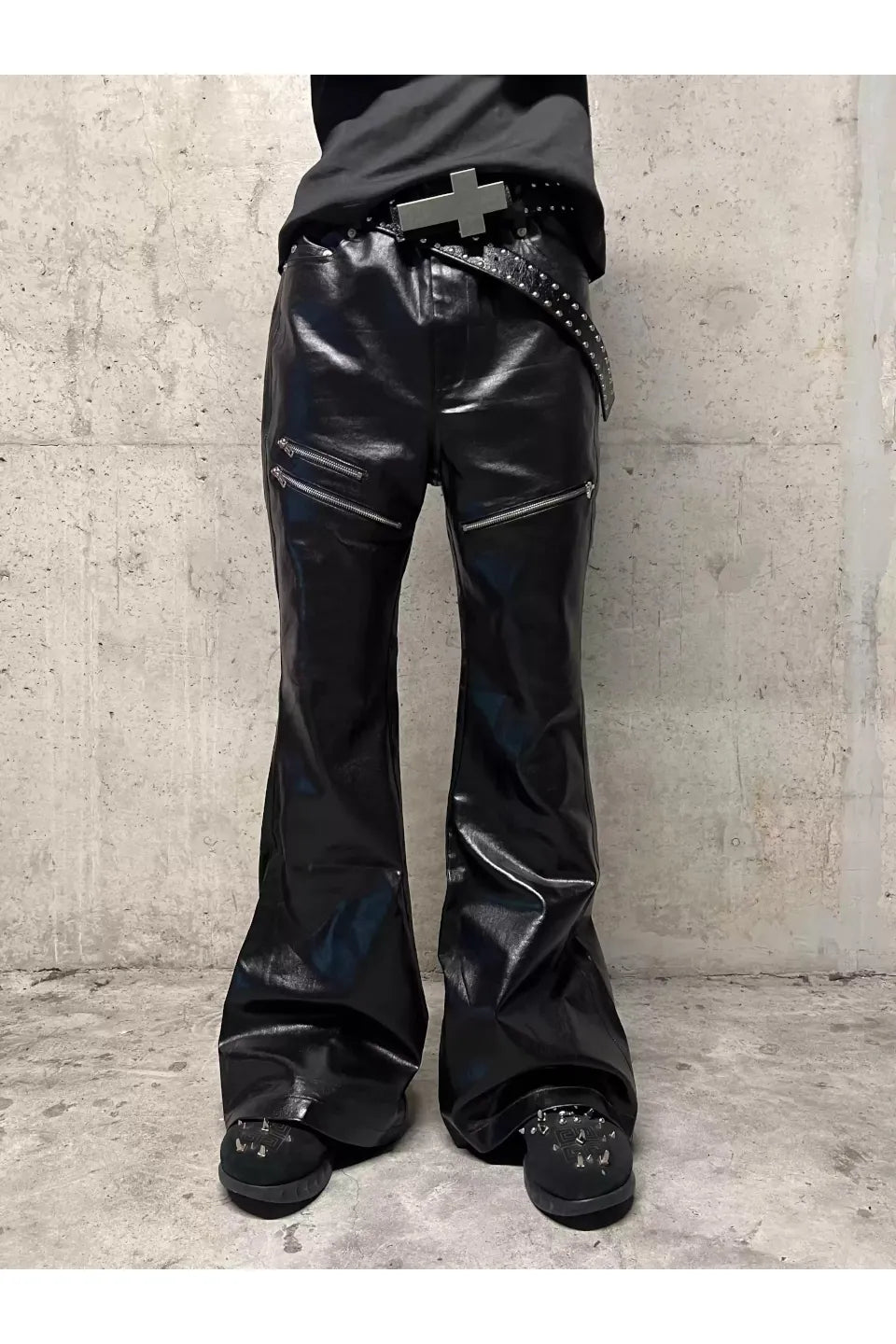 RХЯ Black Liquid Metal Coated Zipper Waxed Flare Pants