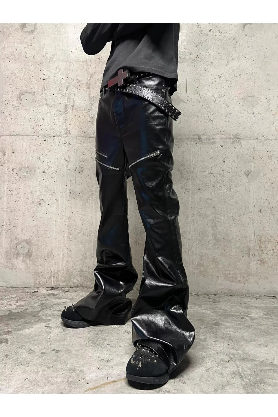 RХЯ Black Liquid Metal Coated Zipper Waxed Flare Pants