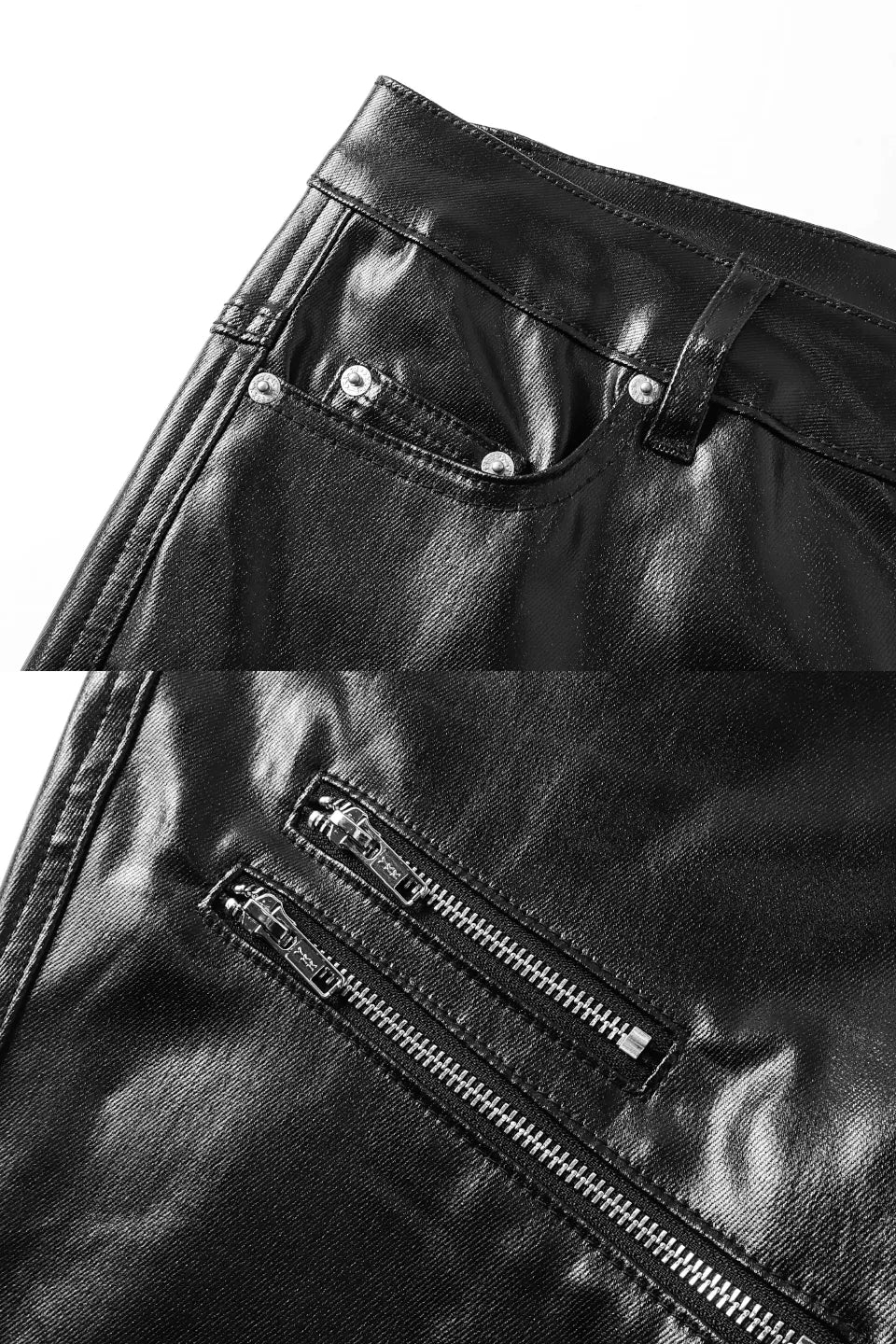 RХЯ Black Liquid Metal Coated Zipper Waxed Flare Pants