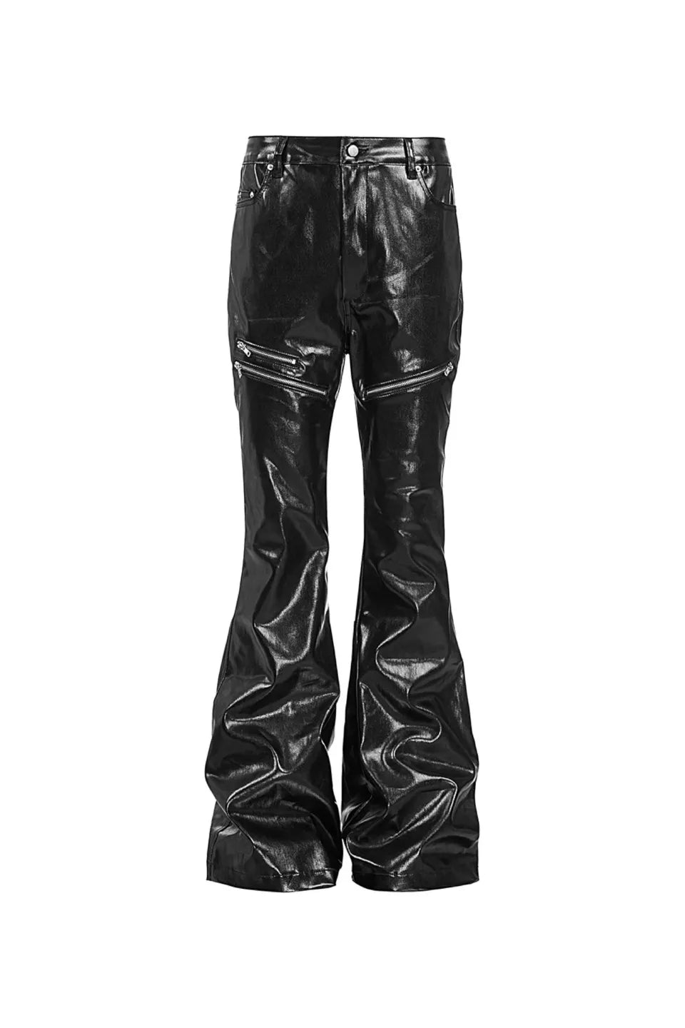 RХЯ Black Liquid Metal Coated Zipper Waxed Flare Pants