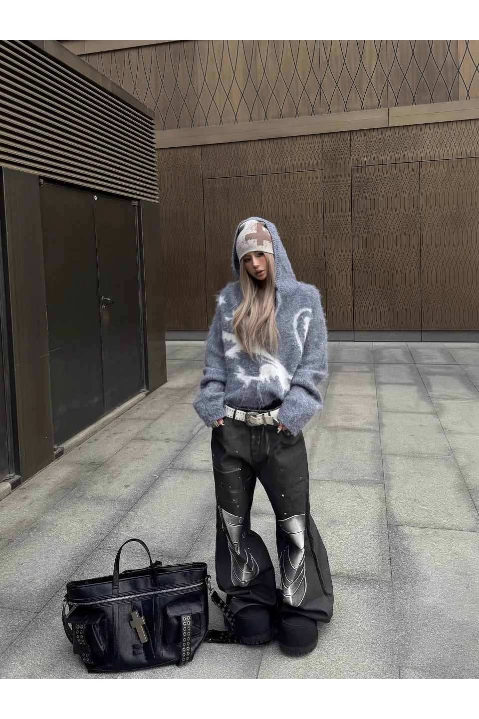 Red Cross Print Beanie Knit Hat