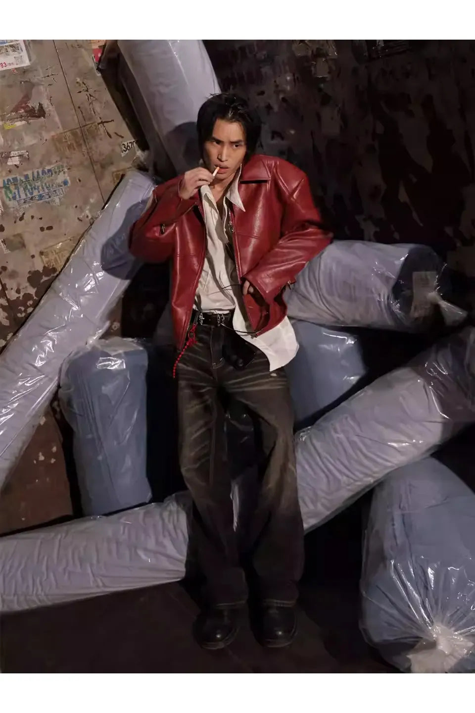 Red Curved Blade Sleeve PU Leather Jacket