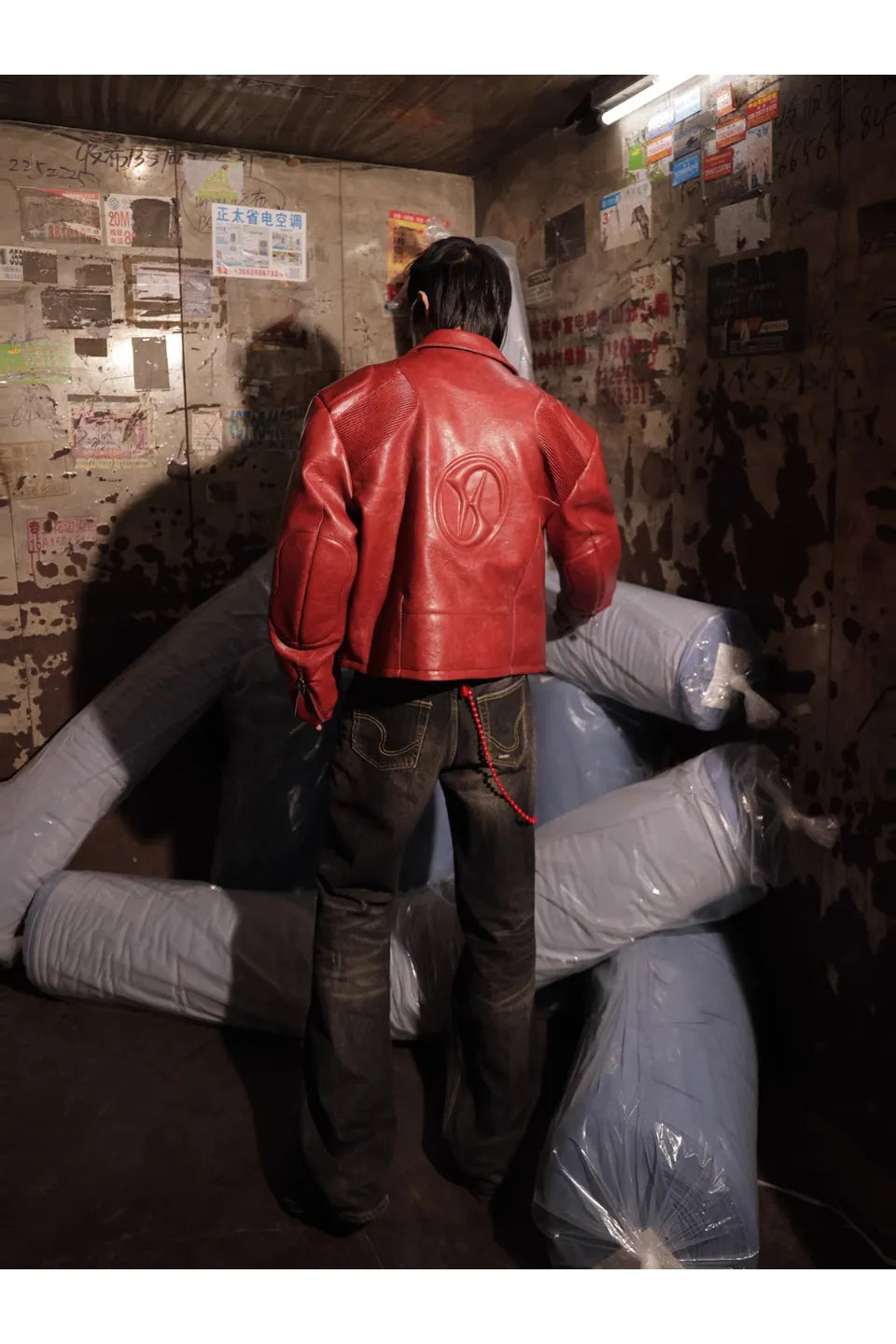 Red Curved Blade Sleeve PU Leather Jacket