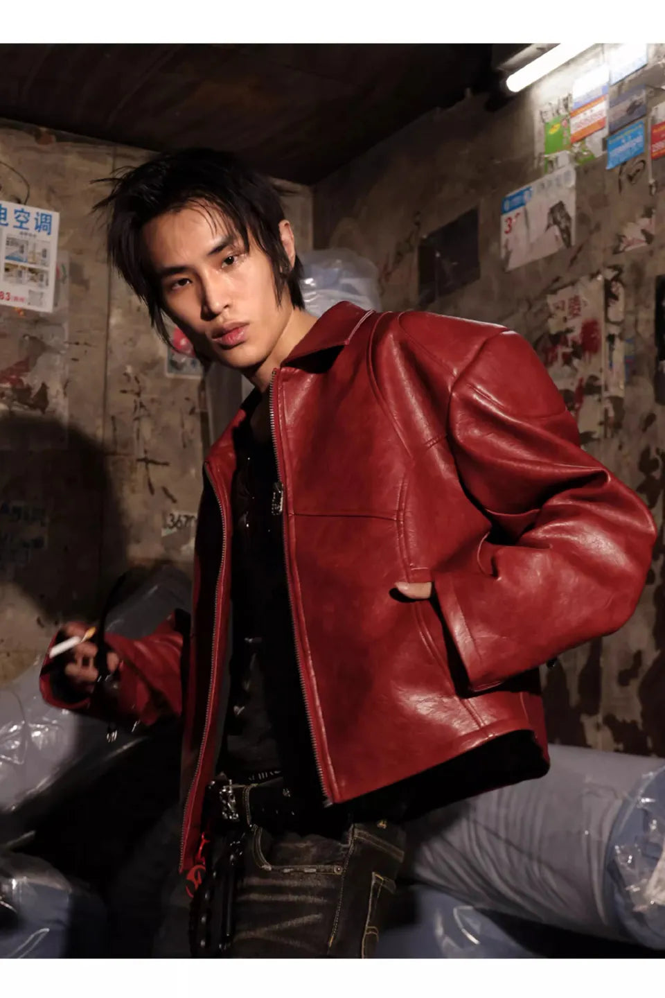 Red Curved Blade Sleeve PU Leather Jacket