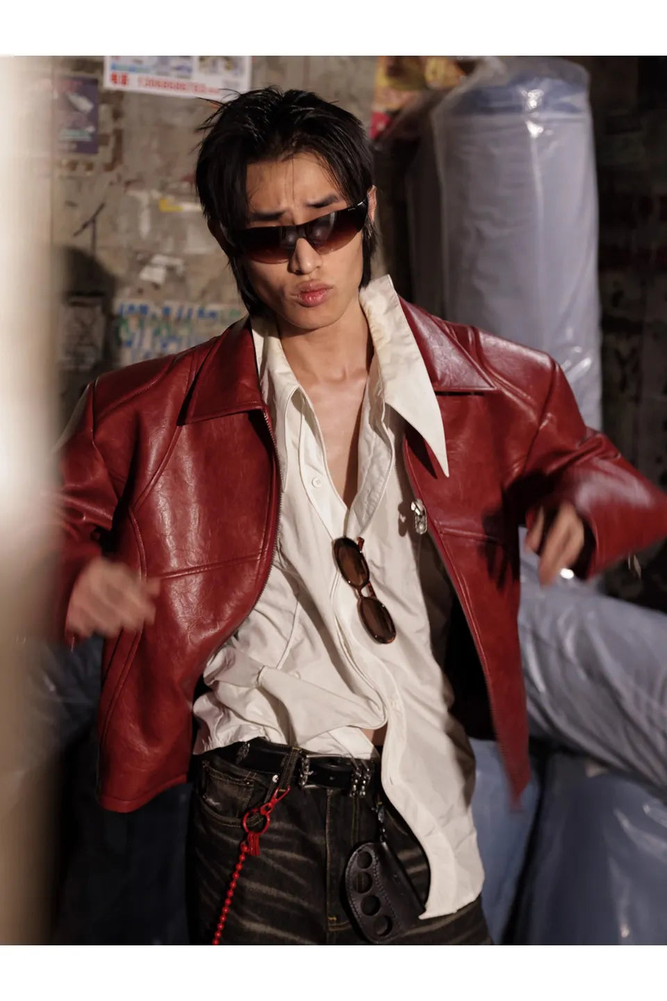 Red Curved Blade Sleeve PU Leather Jacket