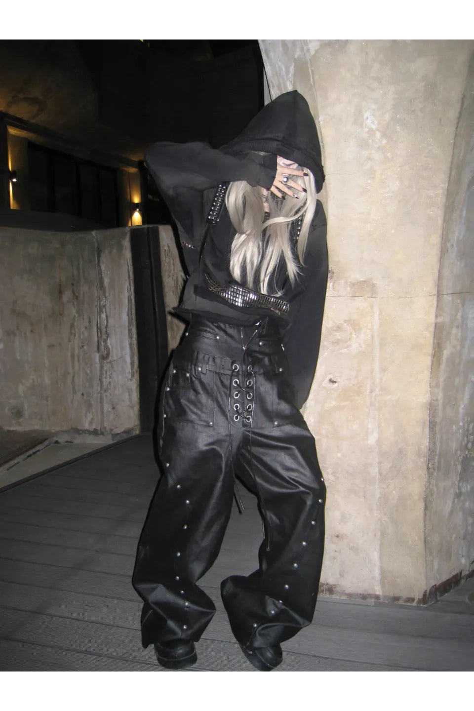 Rhinestone and Rivet Short Wide Leg Washable Sprayed Hoodie