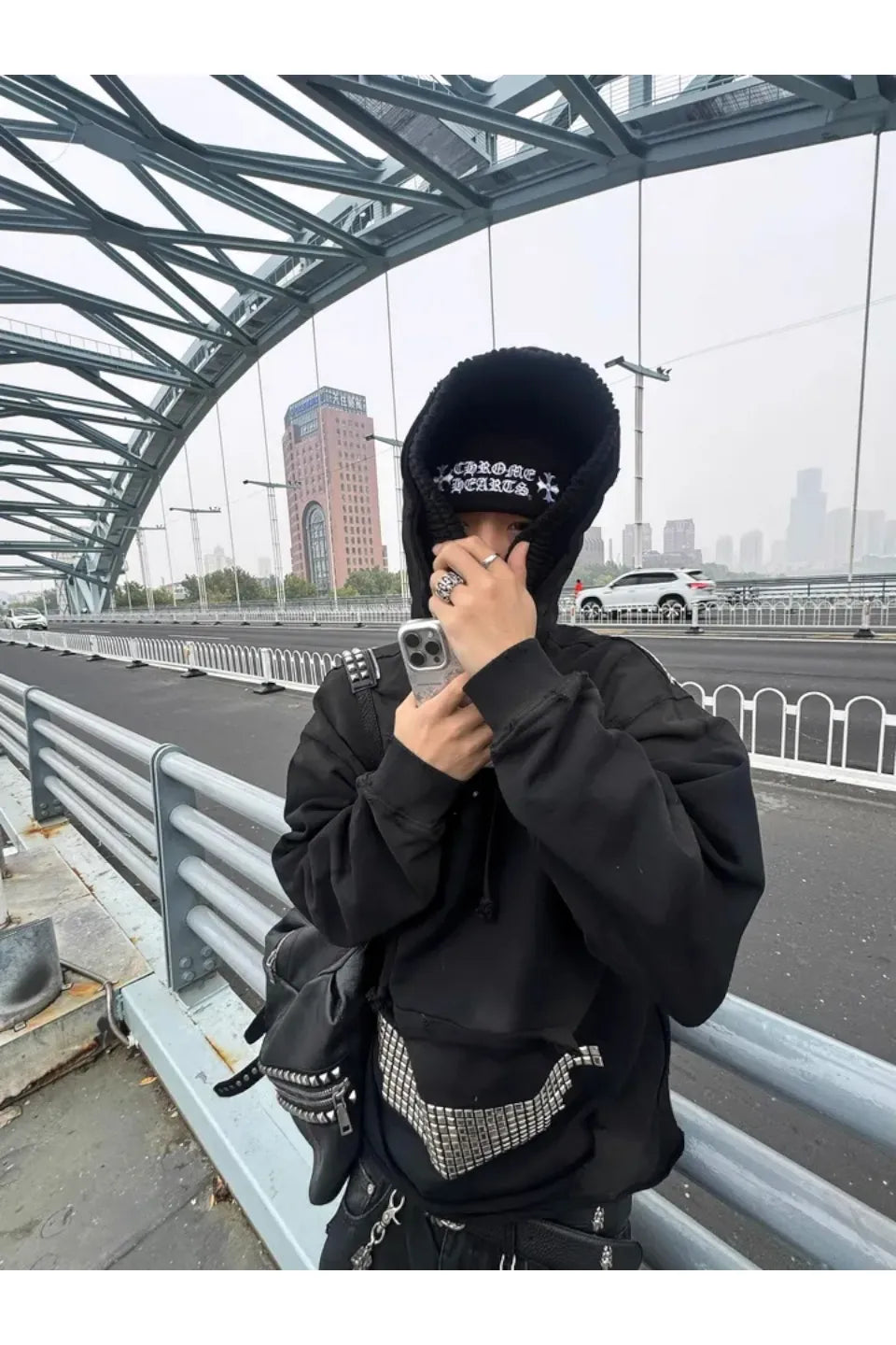 Rhinestone and Rivet Short Wide Leg Washable Sprayed Hoodie