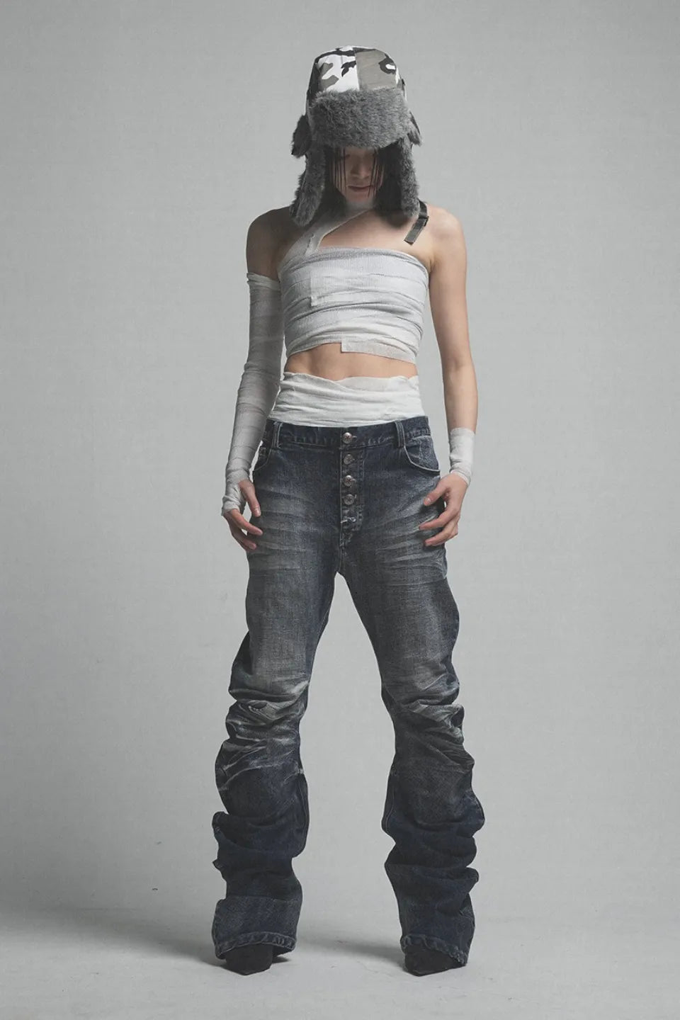Ripple Cracked Super Long Denim Pants