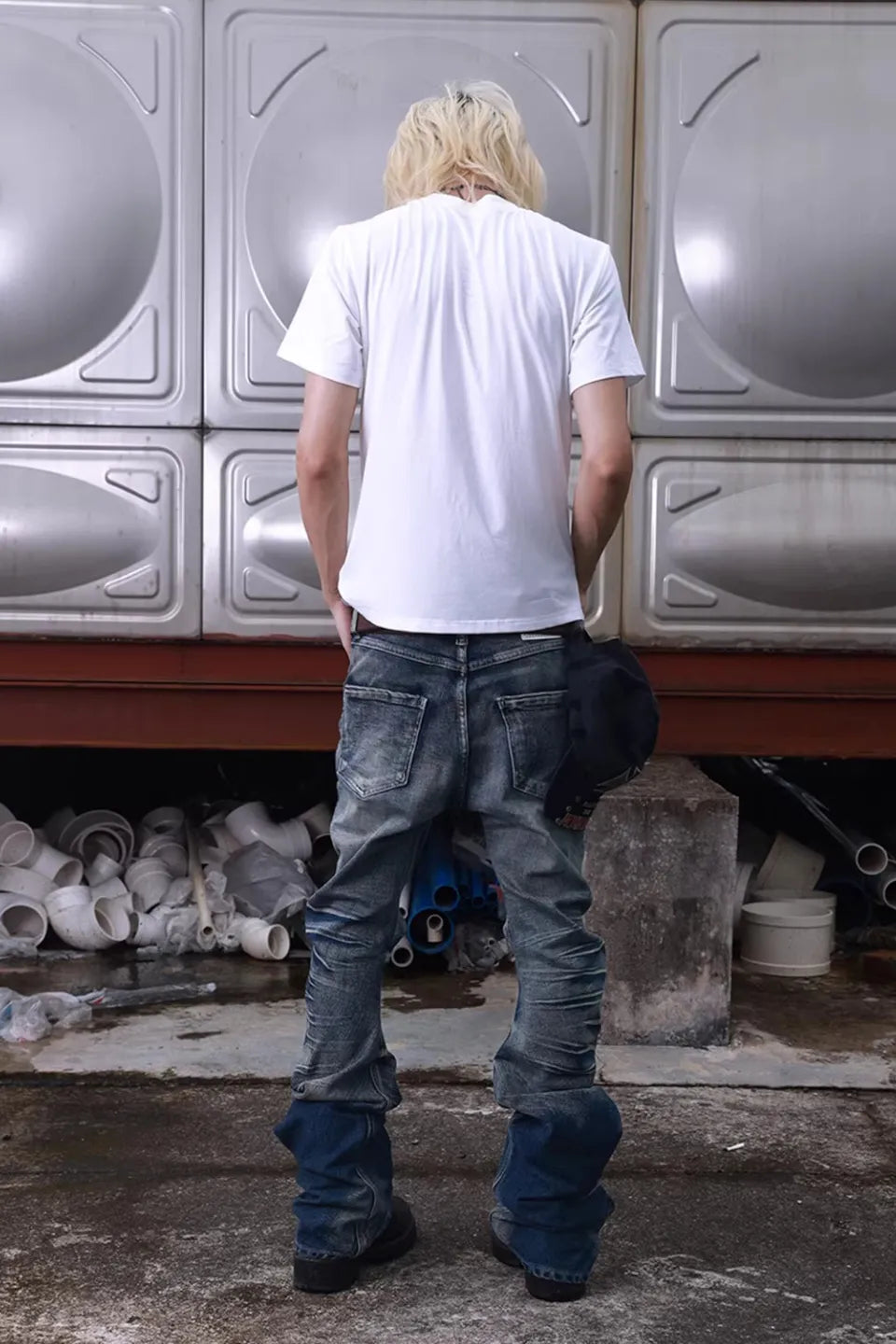 Ripple Cracked Super Long Denim Pants