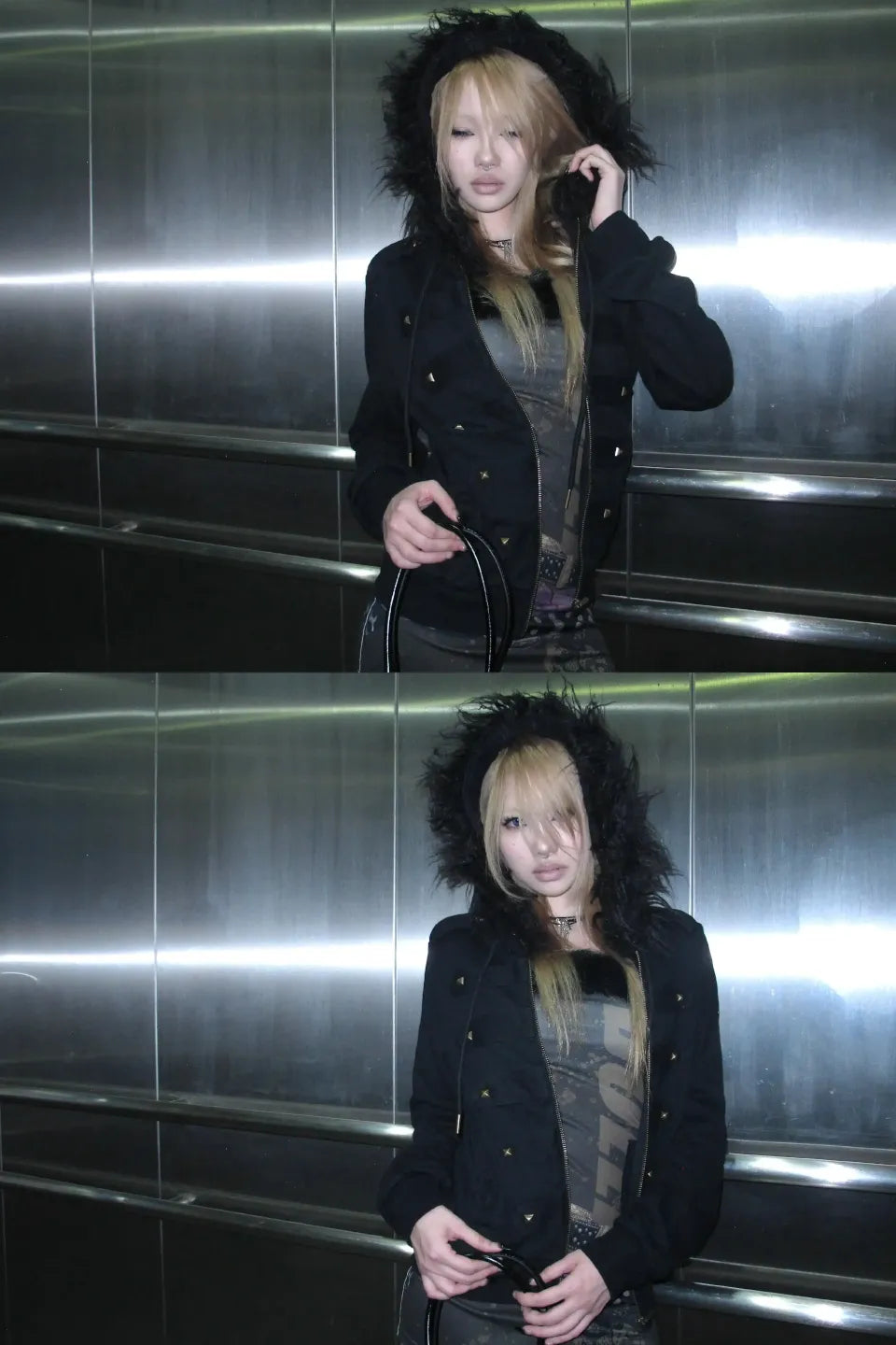 Rivet Decorated Slim Fit Hooded Fur Collar Sweatshirt