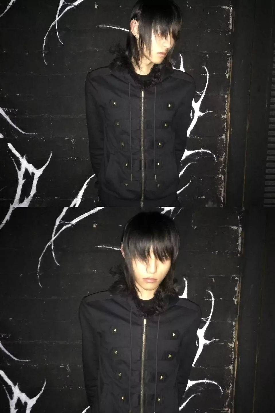 Rivet Decorated Slim Fit Hooded Fur Collar Sweatshirt