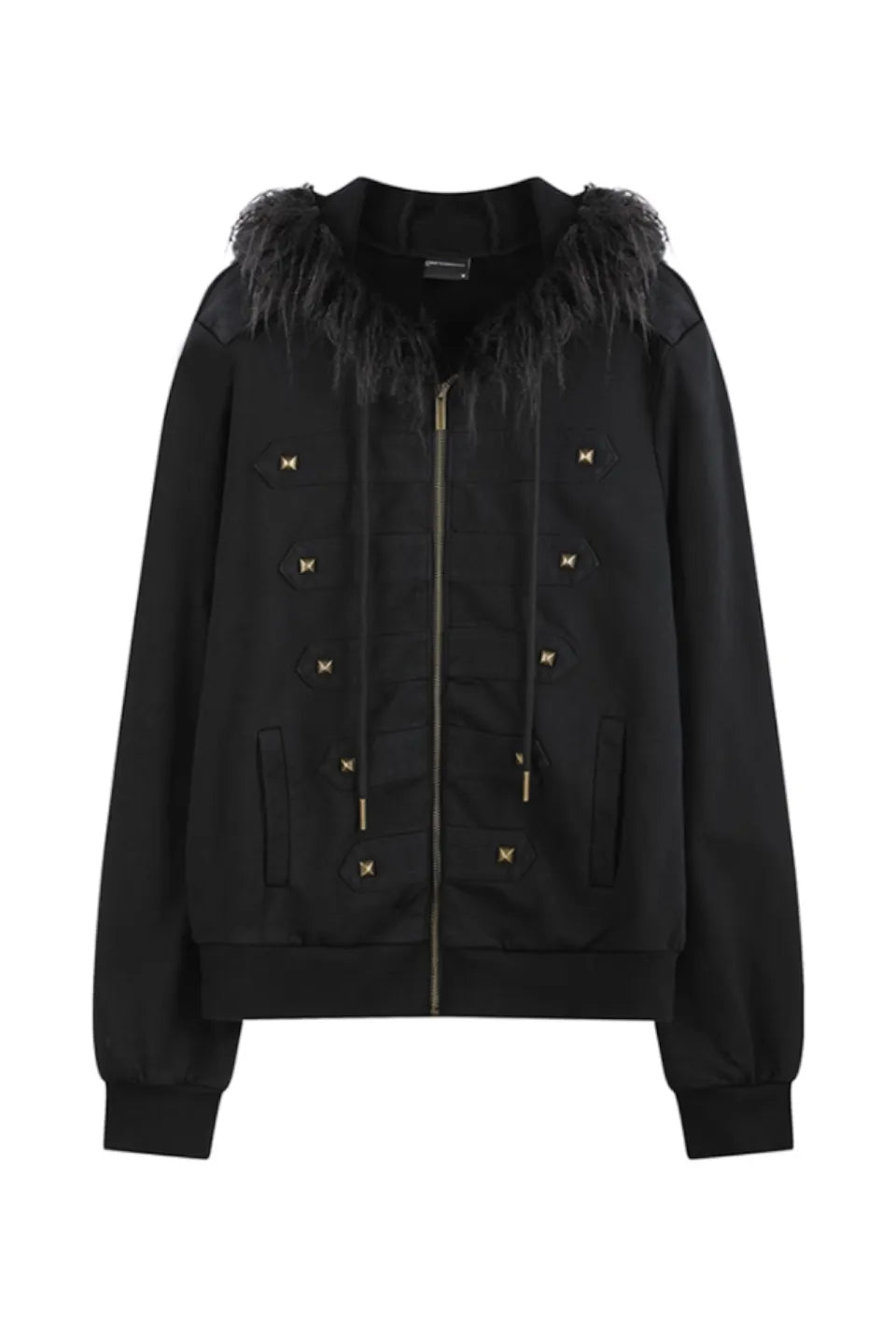 Rivet Decorated Slim Fit Hooded Fur Collar Sweatshirt