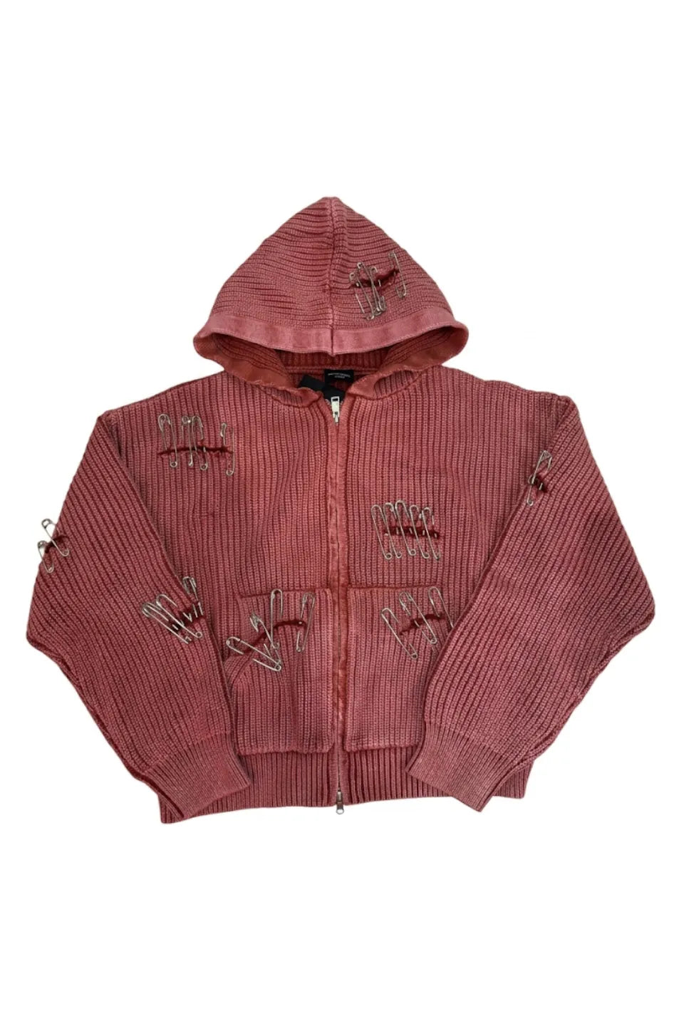 Safety Pin Distressed Open Knit Hoodie