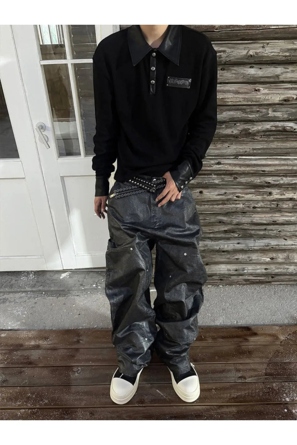 Sanskrit Print Cross Studded Polo Shirt