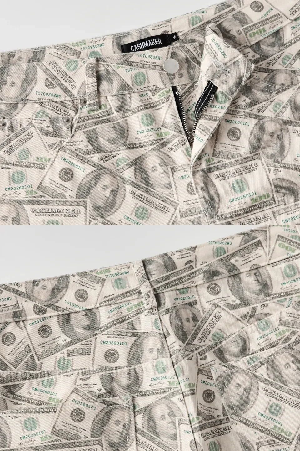Satirical Dollar Bill Digital Printed Wide Jeans