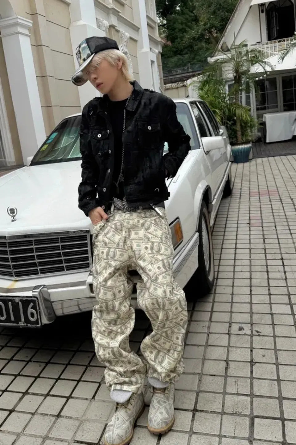 Satirical Dollar Bill Digital Printed Wide Jeans
