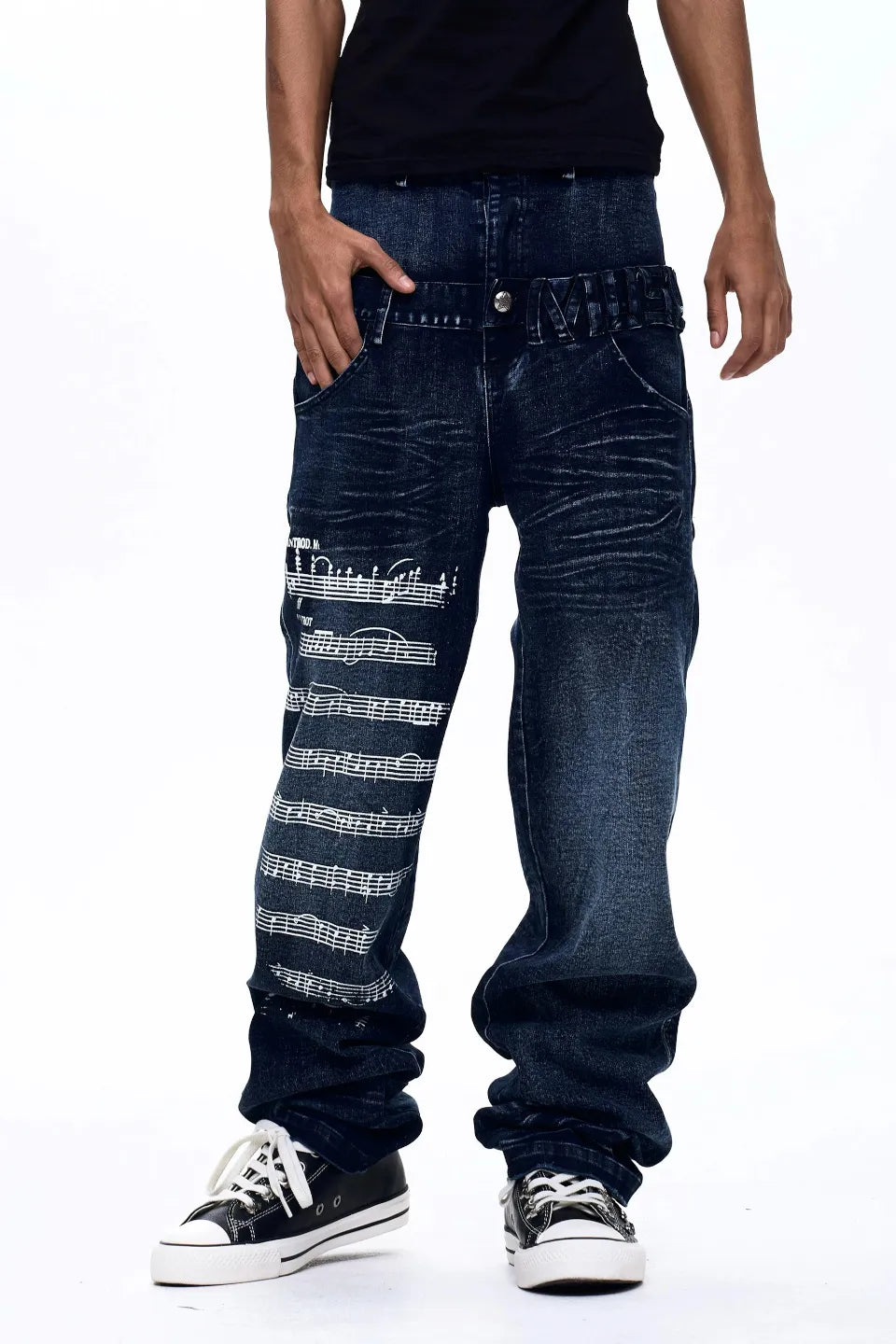 Sheet Music Double Waistband Indigo Denim Pants