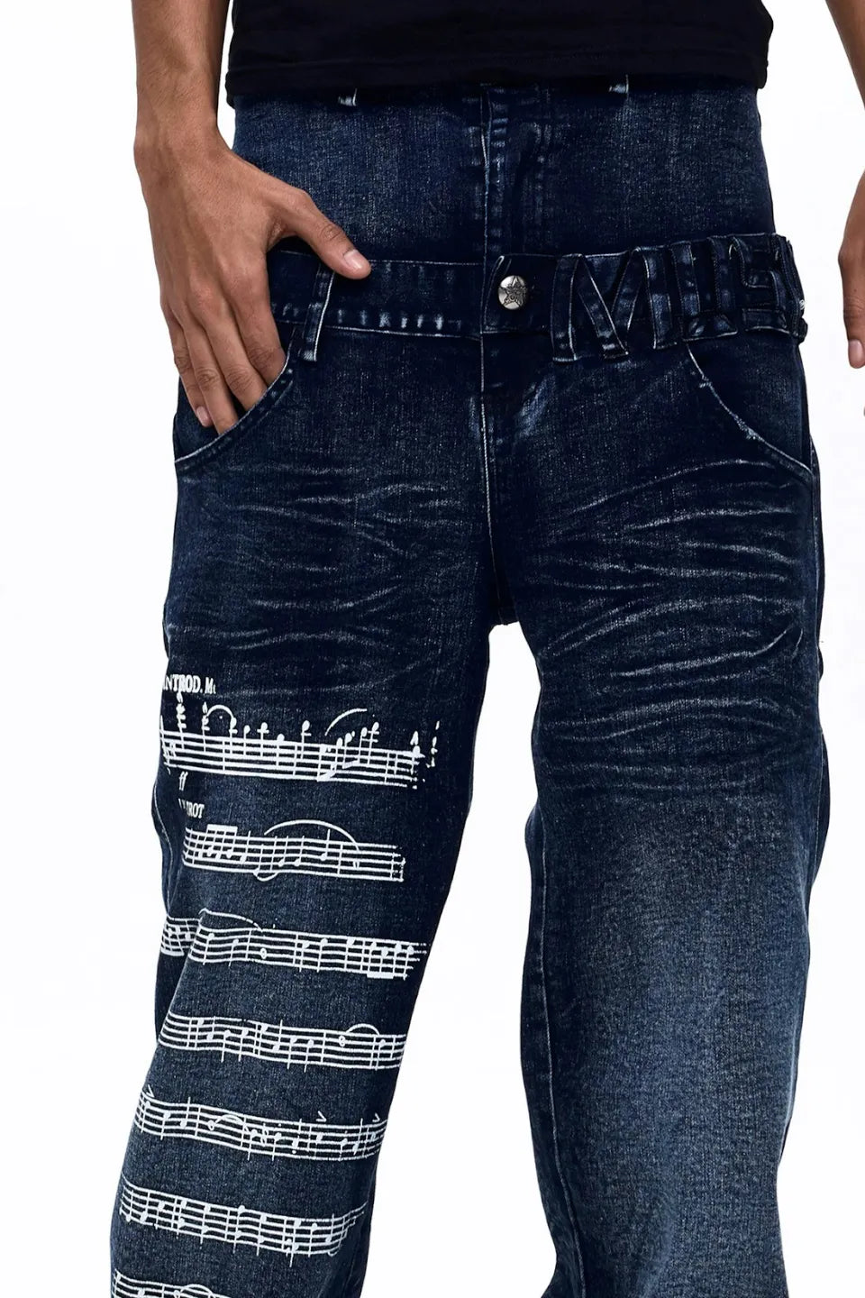 Sheet Music Double Waistband Indigo Denim Pants