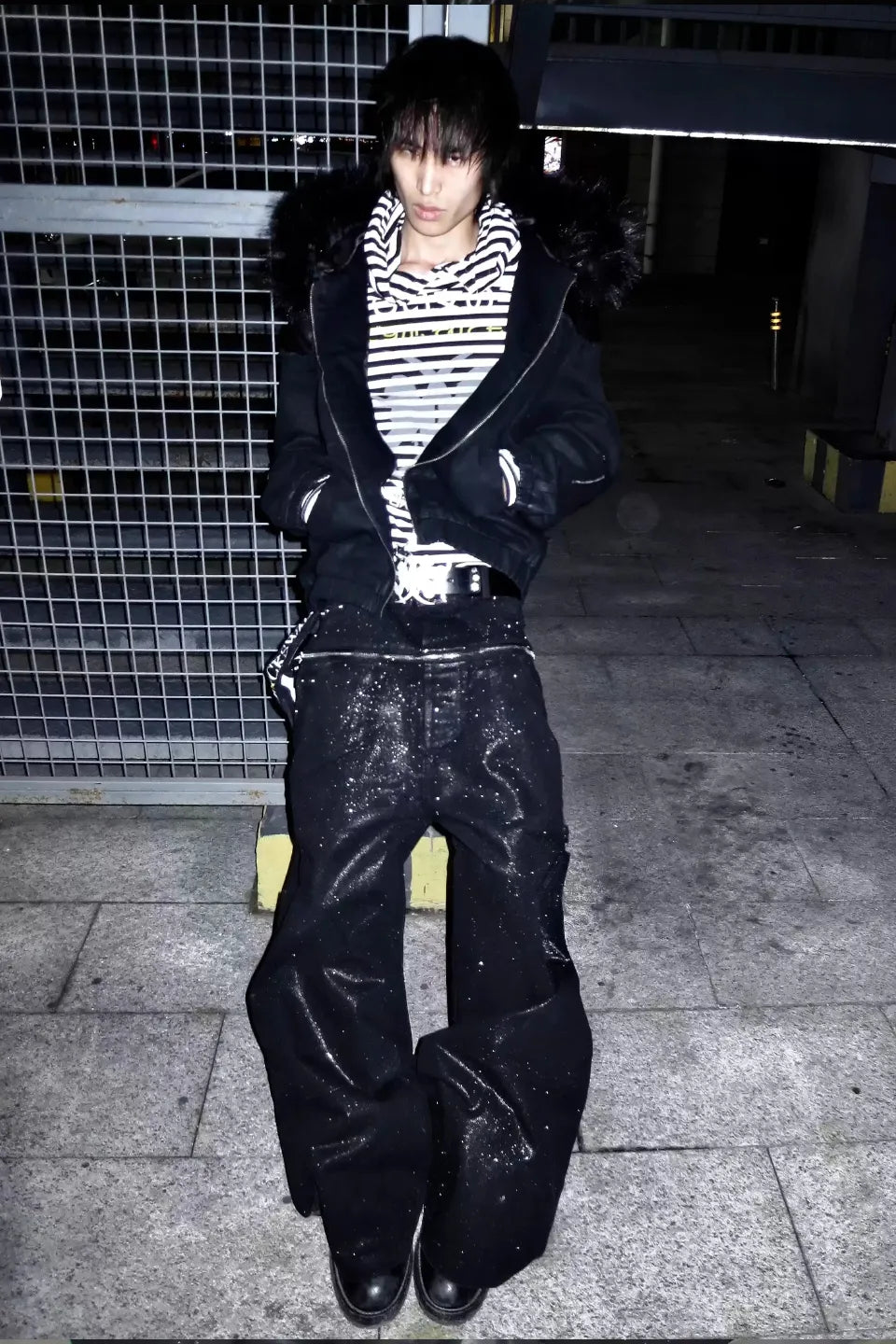 Silver Waxed Damaged Zip Pants