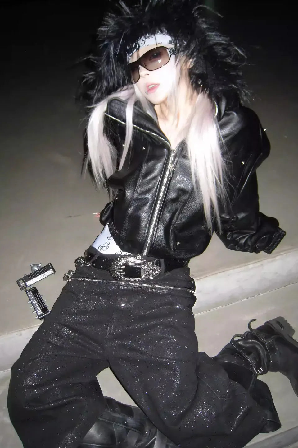 Silver Waxed Damaged Zip Pants