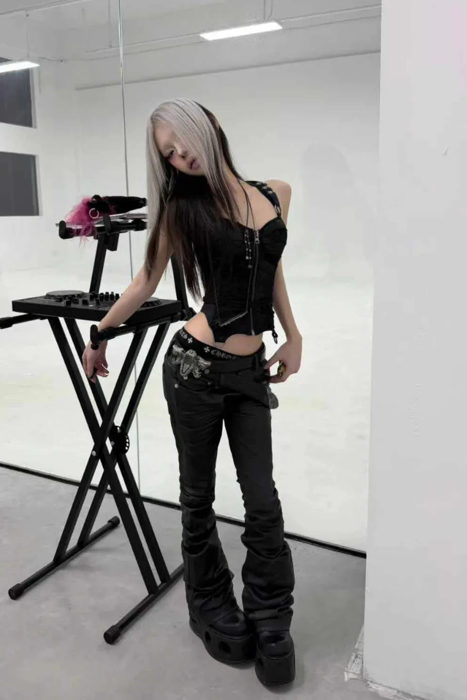 Silver Foil Distressed Flare Denim