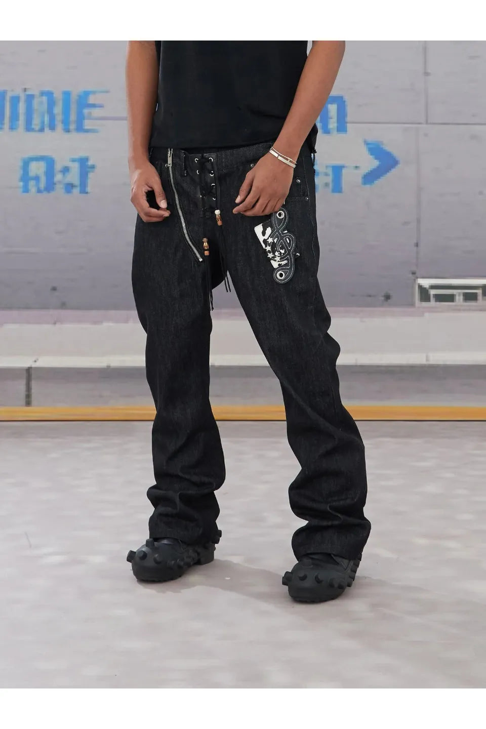 Slanted Zipper Lace Up Double Waistband Raw Jeans