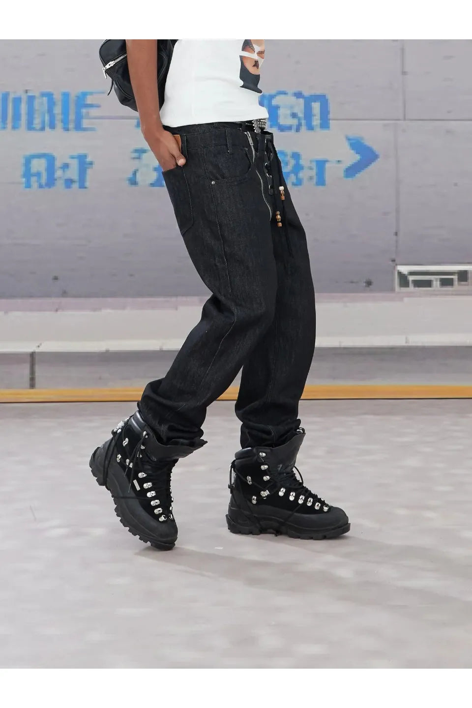 Slanted Zipper Lace Up Double Waistband Raw Jeans