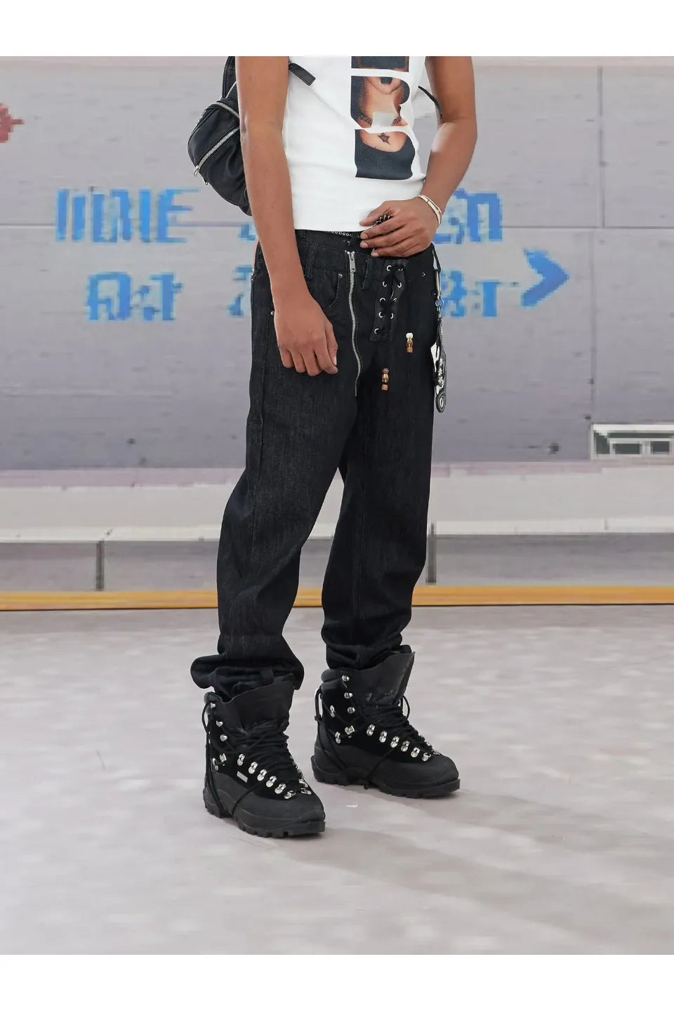 Slanted Zipper Lace Up Double Waistband Raw Jeans