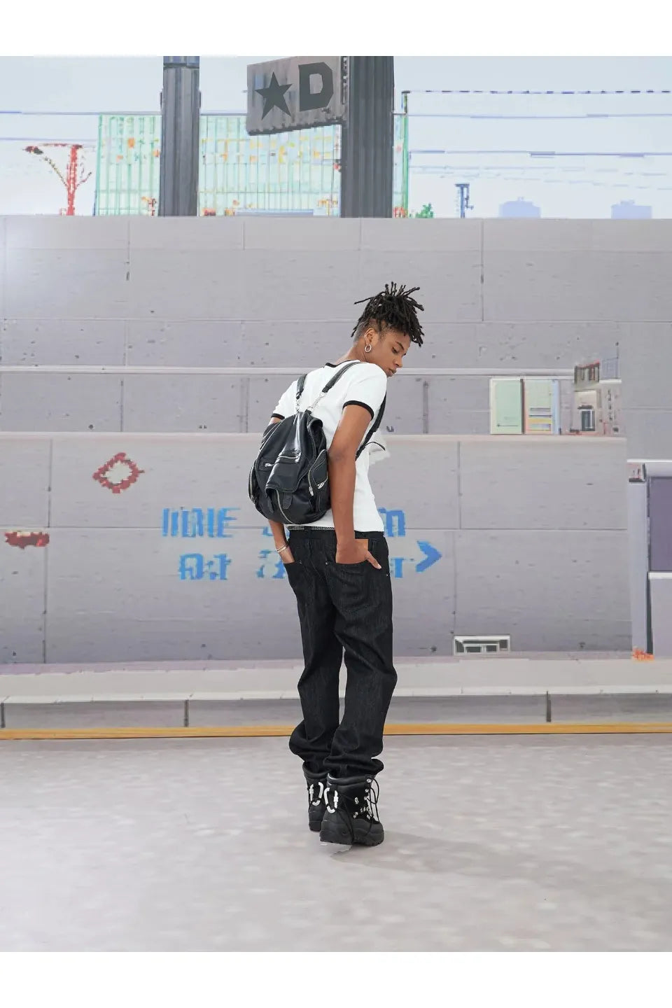Slanted Zipper Lace Up Double Waistband Raw Jeans