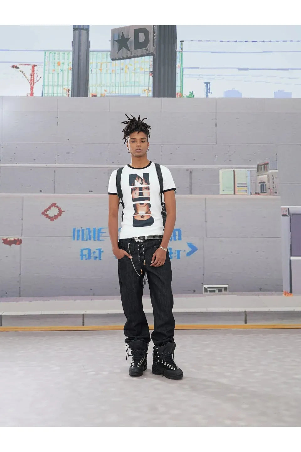 Slanted Zipper Lace Up Double Waistband Raw Jeans